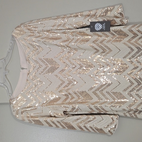 Vince Camuto Gold & Cream Sequin Chevron Dress Size 12 NWT - Picture 2 of 7
